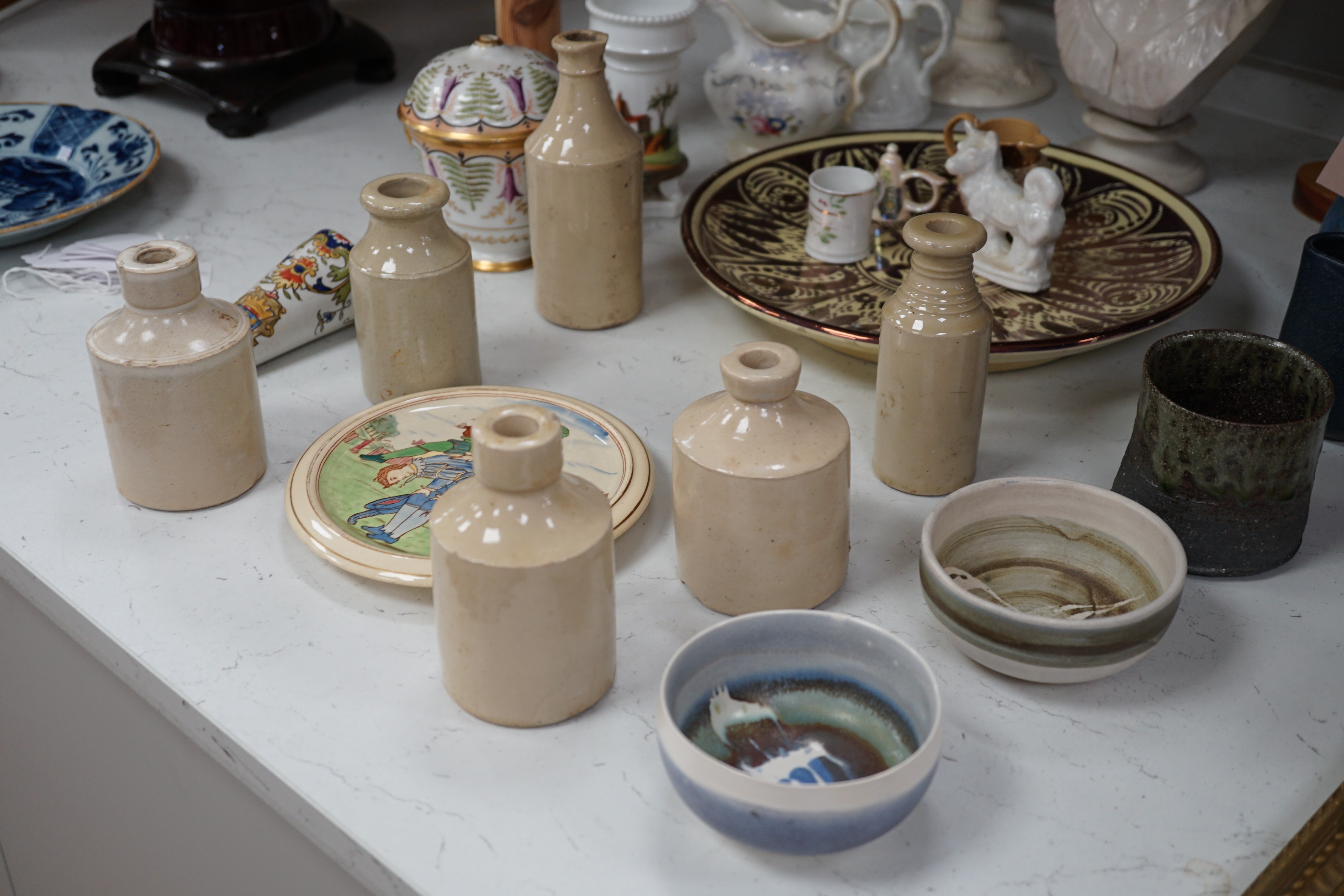 Mixed ceramics to include Copeland Parian Ophelia (a.f.) studio pottery, storage bottles, also to include a glass vase, glass vase 20cms high